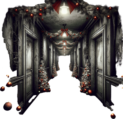 Eerie Christmas-inspired hallway similar to a resident evil room
Single Game Texture. In-Game asset. 2d. Blank background. High contrast. No shadows.