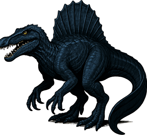 A large, realistic Spinosaurus dinosaur with dark navy-blue scaly skin, accented by lighter blue streaks along its sail and limbs. It has a long crocodile-like snout filled with sharp teeth and piercing yellow eyes. The sail on its back is tall and jagged, matching the dark tones of the body. Its tail is wide, flattened, and paddle-like—similar to a newt or salamander’s tail—designed for swimming. The muscular arms have large claws, and the overall posture is slightly hunched as if it’s ready to dive into the water. The skin texture shows rough scales, subtle wrinkles, and scars for a realistic semi-aquatic look..
In-Game asset.  2d.  High contrast.  No shadows