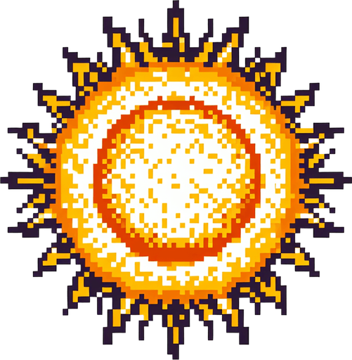 8 bit sun solar flare.
Single Game Texture. In-Game asset. 2d. Blank background. High contrast. No shadows.