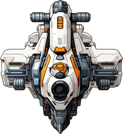 Hero spaceship facing upwards, with a single cannon in the center.
Game Texture. In-Game asset. 2d. Pixelart. White background. Blank background. Low detail. High contrast.