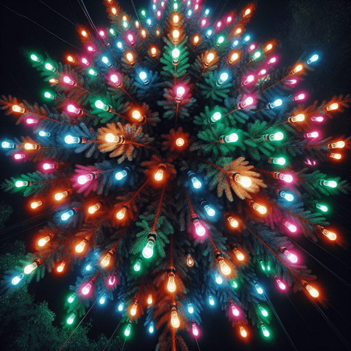 Photorealistic pine tree in night light with color lightbulbs, top view