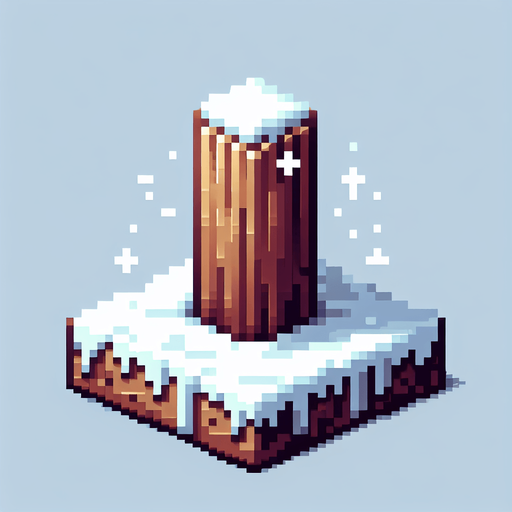 pixel art of a wooden pole with snow at it's base.
Single Game Texture. In-Game asset. 2d. Blank background. High contrast. No shadows.