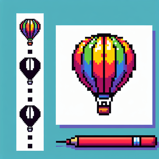 hot air balloon with simple pixel art.
Single Game Texture. In-Game asset. 2d. Blank background. High contrast. No shadows.