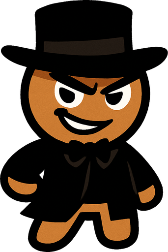 Bana biraz sinsi gülüş atan, siyah şapkası ve giysisi olan bir kurabiye çiz (Asil dursun) ..
In-Game asset.  2d.  High contrast.  No shadows