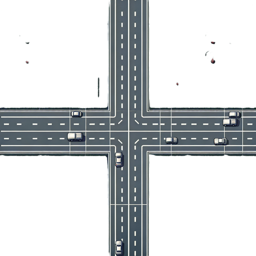 four-lane road with green lawns and palm trees.
Single Game Texture. In-Game asset. 2d. Blank background. High contrast. No shadows.