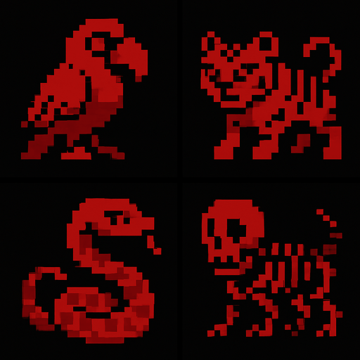 Ekranı 4 e böl ve 4 tane pet 2 d yap pixel biri papağan biri kaplan biri yılan biri de kemikten oluşan gizemli bir pet siyah kırmızı tarzı renkler kullan.
In-Game asset.  2d.  High contrast.  No shadows