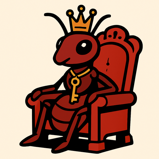 kafasında taç olan ve boynunda anahtar olan tahtında oturan kraliçe karınca.
In-Game asset.  2d.  High contrast.  No shadows