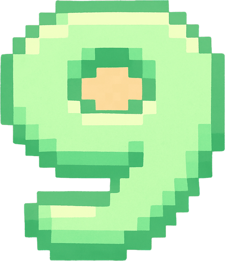 A pixel art number "9" designed for a cozy, cute retro 2D game UI with a bird theme. The number is rendered in soft pastel light green tones to harmonize with the gentle and sweet aesthetic of the game. It has a clean, simple, and rounded pixel style with no harsh edges, fitting perfectly within the pixel art UI style. The number is bold and easily readable at small sizes..
In-Game asset.  2d.  High contrast.  No shadows. pixel art. retro. 2d ui. number. pastel light green. simple. rounded edges. bold. cute. minimal