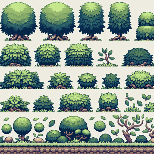 A spritesheet in sideperspective showing various low dull green hedges and bushy foliage for a platformer game. semi detailed game illustration style. medieval. muted colors..
Single Game Texture. In-Game asset. 2d. Blank background. High contrast. No shadows.