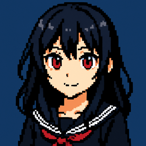 Beautiful anime-style girl with black hair and red eyes. Game image. 2D. High contrast. No shadows. Pixel art..
In-Game asset.  2d.  High contrast.  No shadows