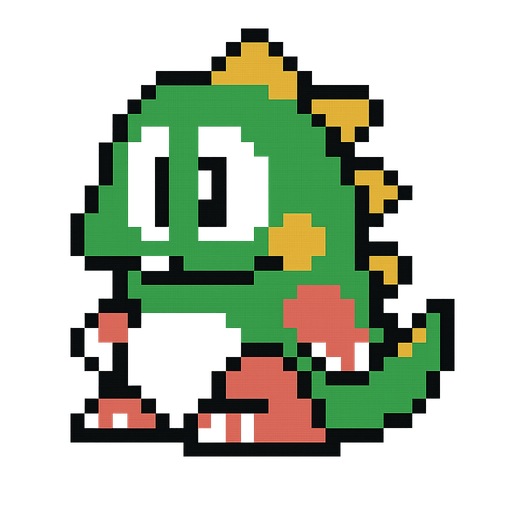 The dragon from bubble booble, the arcade game. Retro, pixel style. Modernized for more pixels that originally, but keeping pixel style. High contrast..
In-Game asset.  2d.  High contrast.  No shadows