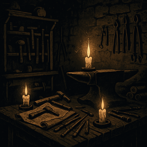 A medieval craftsman's workshop, cluttered with wooden tools, candlelight flickering on iron anvils and scrolls, stone walls, dusty air, dark fantasy realism.
In-Game asset.  2d.  High contrast.  No shadows