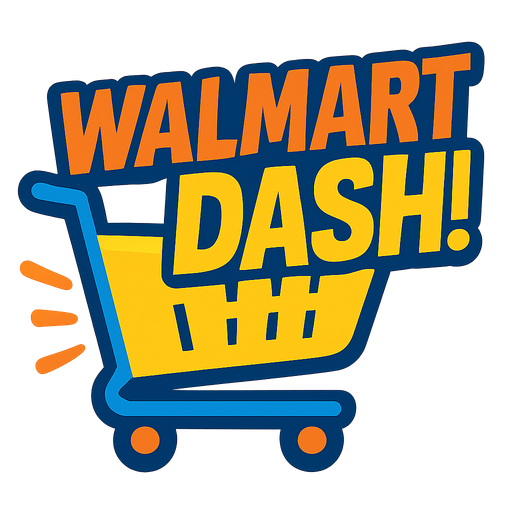 Cart with letters saying WALMART DASH!.
Single Game Texture.  In-Game asset.  2d.  Blank background.  High contrast.  No shadows