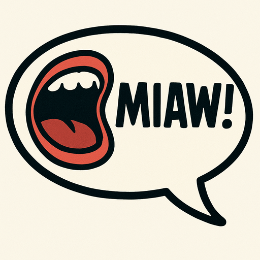 Simple cartoon speech bubble with big open mouth icon and uppercase lettering 'MIAW!'. Bubble tail on the right.
Single Game Texture.  In-Game asset.  2d.  Blank background.  High contrast.  No shadows