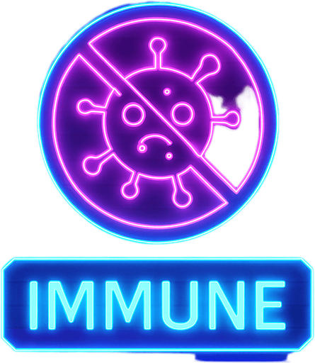 neon cyberpunk glowing IMMUNE button blue pink futuristic videogame hologram a crossed circle with cartoon microbe