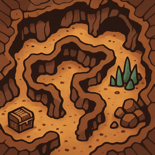kuşbakışı bir mağaranın içi.
In-Game asset.  2d.  High contrast.  No shadows