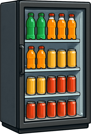 İçindeki içecekler görünen, meşrubat dolabı, gerçekçi - yazısız.
In-Game asset.  2d.  High contrast.  No shadows