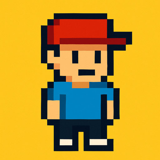 a pixel boy with a hat and a t-shirt.
In-Game asset.  2d.  High contrast.  No shadows