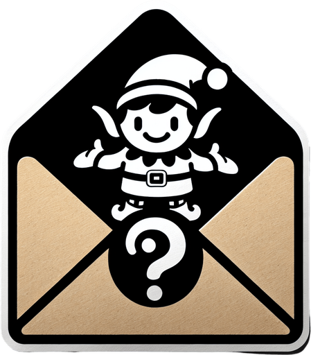 a cartoon envelope with an toy elf on it holding a questionmark.
Single Game Texture. In-Game asset. 2d. Blank background. High contrast. No shadows.