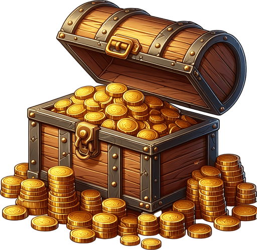 Treasure chest, like kept by the pirates with gold inside.
Single Game Texture. In-Game asset. 2d. Blank background. High contrast. No shadows.
