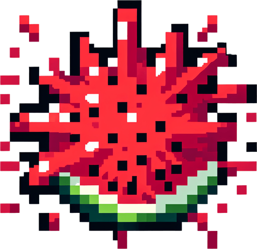 8-bit pixelated radial watermelon red juice explosion splash.
Single Game Texture. In-Game asset. 2d. Blank background. High contrast. No shadows.