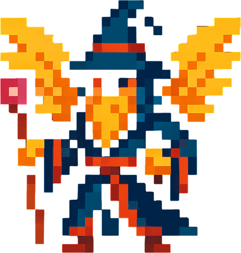 kanatlı piksel büyücü.
In-Game asset.  2d.  High contrast.  No shadows