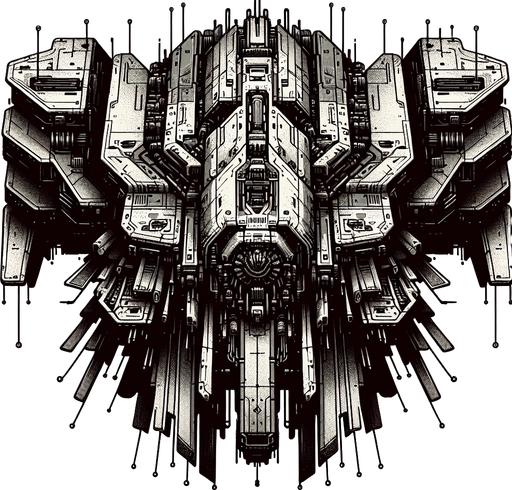Terminator style 2D enemy ship. Facing dead south.
Single Game Texture.  In-Game asset.  2d.  Blank background.  High contrast.  No shadows