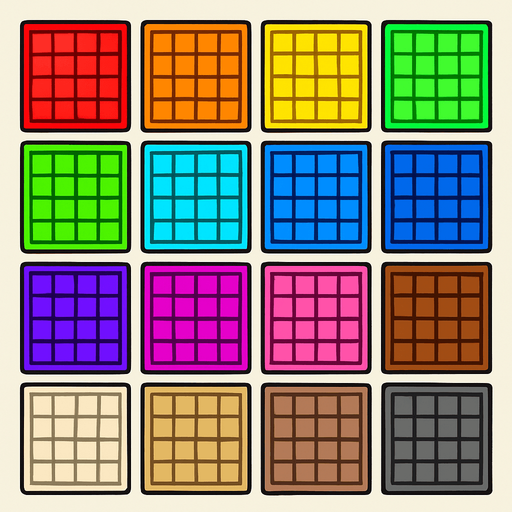 Grid cells tile assets. HD colors.
In-Game asset.  2d.  High contrast.  No shadows