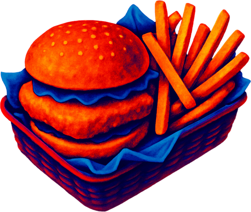 A fish burger and fries in a basket lined with paper.