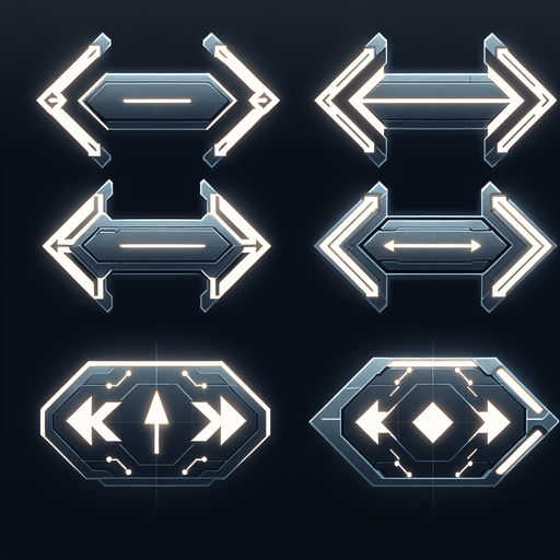 A set of dynamic, futuristic arrow indicators designed for a top-down 2D game. Each arrow is sleek and glowing, with a minimalistic design to fit a sci-fi aesthetic. The set includes four arrows pointing in cardinal directions: up, down, left, and right. These arrows have a subtle animated glow effect and are designed to overlay on a game floor to indicate navigable doorways after clearing a room. They are semi-transparent to avoid obstructing the gameplay view..
Single Game Texture. In-Game asset. 2D. Blank background. High contrast. No shadows. Includes four glowing arrows for cardinal directions (up, down, left, right). Designed for overlay on the game floor, semi-transparent with a glowing effect.