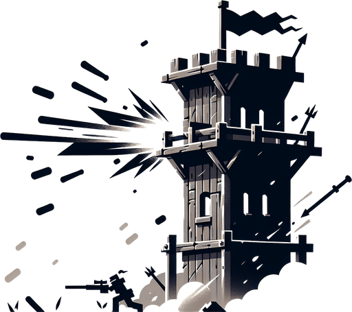A tower shooting at enemy in a modern style Single Game Texture. In-Game asset. 2d. Blank background. High contrast. No shadows.