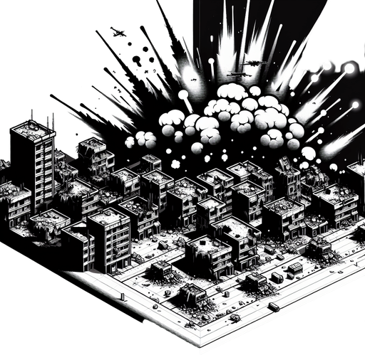 a city that is wartorn and has many explosoins and brocken buildings.
Single Game Texture.  In-Game asset.  2d.  Blank background.  High contrast.  No shadows