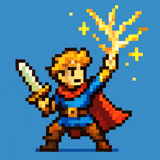 a hero, channeling, pixel art.
In-Game asset.  2d.  High contrast.  No shadows