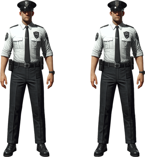 A security guard.
Single Game Texture. In-Game asset. 2d. Blank background. High contrast. No shadows.