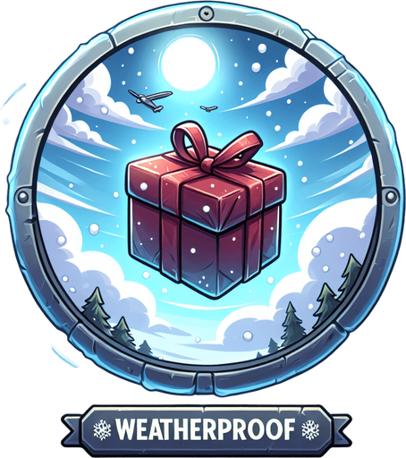 icon of a weatherproof christmas present flying in the sky, on a circle, cartoon. With the text: "weatherproof packaging" Single Game Texture. In-Game asset. 2d. Blank background. High contrast. No shadows.