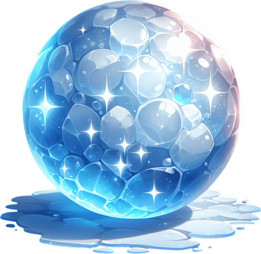 Frozen round ball sparkling with effects.
Single Game Texture. In-Game asset. 2d. Blank background. High contrast. No shadows.