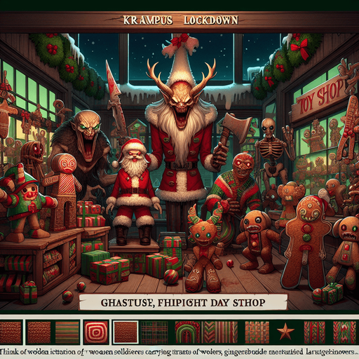 Eerie Christmas-inspired toy shop The only text on screen should be the title "Krampus Lockdown" centered on the image..
Single Game Texture. In-Game asset. 2d. Blank background. High contrast. No shadows.