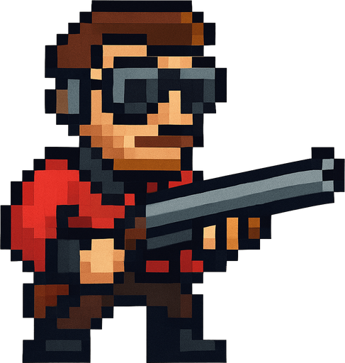 Un changón con un tipo piloto peinado que tengo una ropa roja y negra y que sea tipo pixelar.
In-Game asset.  2d.  High contrast.  No shadows