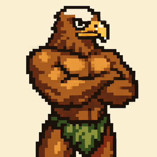 Aguila real furry fuerte cruzando los brazos sin camisa y gran pectoral con un taparrabos de hojas pixeleado todo el cuerpo.
In-Game asset.  2d.  High contrast.  No shadows