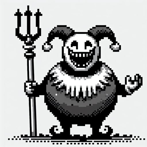 Creepy Jester clown with a fat circular belly, grinning and carying a trident.
Single Game Texture. In-Game asset. 2d. Blank background. High contrast. No shadows. 8 bit