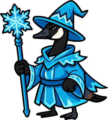 A Canadian Goose in Magic Ice Mage Outfit armed with a magic ice staff.
In-Game asset.  2d.  High contrast.  No shadows