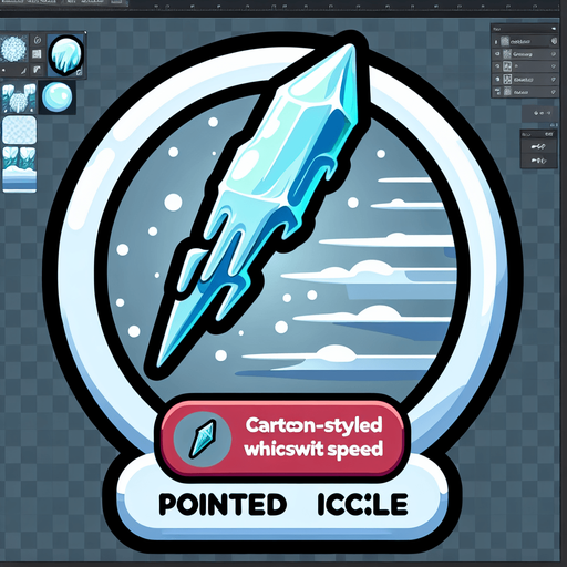 Icon for a very speedy icicle, on a circle, with the text „pointed Icicle“ at top, cartoon Single Game Texture. In-Game asset. 2d. Blank background. High contrast. No shadows.