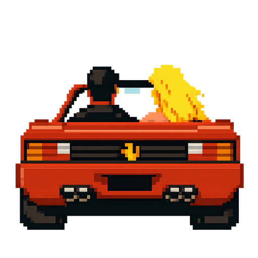 The red car from Out Run, the retro arcade game, vertical, lookip up, pixel. There should be a man driver and a lady with blond hair on the copilot seat
In-Game asset.  2d.  High contrast.  No shadows
