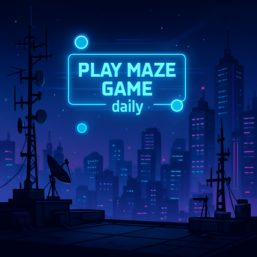 Design a nighttime rooftop vista overlooking a cyberpunk cityscape. Array of antennae and digital transmitters punctuate the skyline, while a floating holo-banner flashes ‘Play Maze Game daily.’ Add subtle lens flares, hovering data orbs, and background neon glow—perfect as a level 3 menu backdrop without any characters or coins..
In-Game asset.  2d.  High contrast.  No shadows