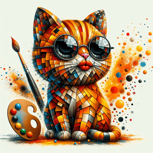 The character is reimagined as an homage to the essence of Picasso's artistry, transforming the cartoon-style orange tabby cat into a figure of abstract fascination. Its once round face now adopts an intriguing assortment of angles and planes, suggestive of Cubism's revolutionary approach, with oversized round black opaque sunglasses, and a pronounced red pout all reinterpreted through geometric distortion. The stripes of the cat's fur morph into a tapestry of fragmented shapes, blending shades and tones in unexpected juxtapositions that challenge conventional perspectives.

Splatters of color across its form not only signify its role as an artist but also pay tribute to Picasso's vibrant palette, with hues that break free from the confines of form and structure. The cat's body, while maintaining its smaller scale compared to its head, is depicted with a cubist's freedom, breaking the boundary between dimension and representation. Clutching a paintbrush, the cat becomes a beacon of creative expression, surrounded by a halo of color and form that defies the ordinary.

Adorned in a simple hoodie, now reimagined as a canvas of abstracted shapes and colors, the cat sits poised, embodying the relaxed yet profoundly transformative essence of Picasso's artistic legacy. This character, through playful abstraction and whimsical creativity, stands as a mascot for the boundless imagination of art, perfect for inspiring a love of creativity in a children's book or as a distinctive figure in any artistic endeavor."

This description embraces the spirit of Picasso's work—innovative, bold, and ever-challenging the viewer's perception—while tailoring the essence to fit the unique character of this artistic cat..
Single Game Texture. In-Game asset. 2d. Blank background. High contrast. No shadows.