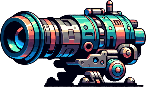 Type: 2D sprite (top-down or side view).
Style: Cartoonish or futuristic metallic cannon. colorful mixed colors
Animation: Slight recoil effect when shooting.
Size: Medium (fits at the bottom of the screen)..
Single Game Texture.  In-Game asset.  2d.  Blank background.  High contrast.  No shadows