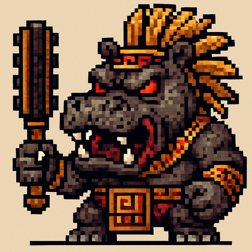 Genérame un hipopotamo guerrero azteca con eso patrones, estilo pixelar, con una apariencia maligna, ojos rojos, rabioso. Unidad cuerpo a cuerpo. Animal..
In-Game asset.  2d.  High contrast.  No shadows
