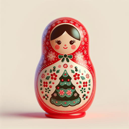 One Christmas Matryoshka Doll. Plastic style Single Game Texture. In-Game asset. 2d. Blank background. High contrast. No shadows.