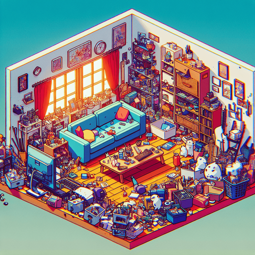 dağınık bir oturma odası, odanın içinden görünüm. 3d renkli anime, çizgi film