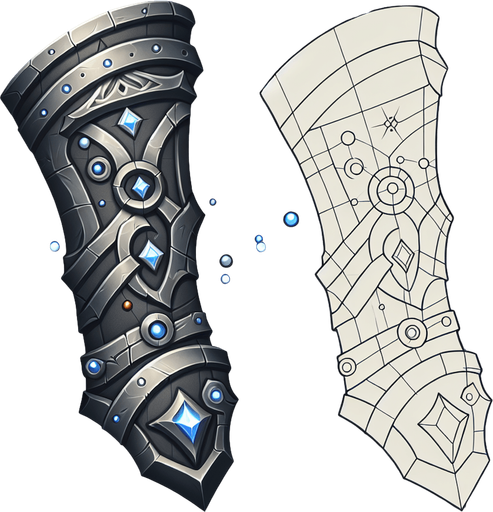 A stylized metallic bracer or weapon hilt showing empty sockets being filled by small, glowing runes or gems..
Single Game Texture.  In-Game asset.  2d.  Blank background.  High contrast.  No shadows